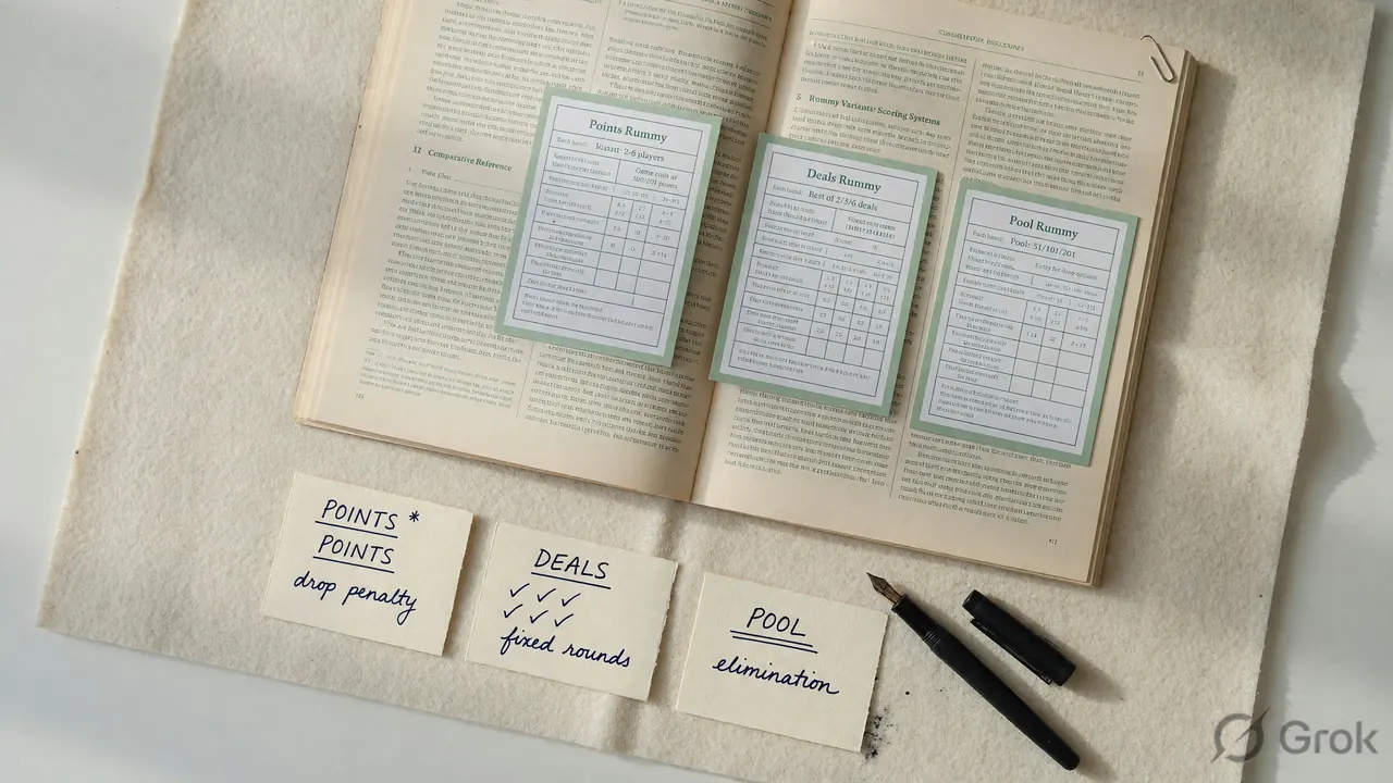 Three rummy formats laid out side by side on a print-journal editorial spread