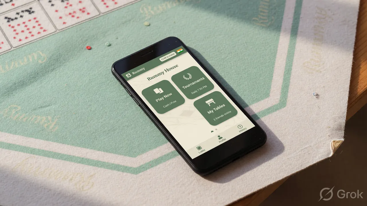 A mobile phone resting on a tactile rummy table, screen facing the reader