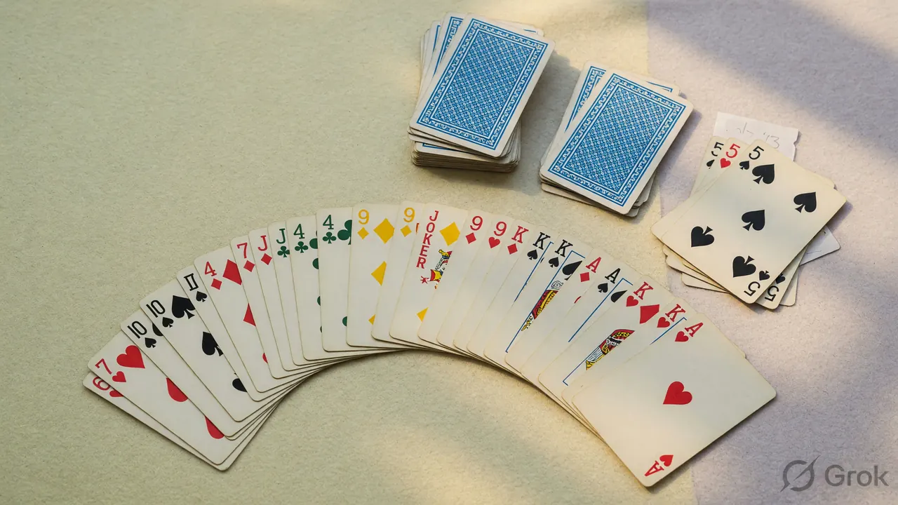 A step-by-step rummy deal demonstration with cards fanned across a tactile table