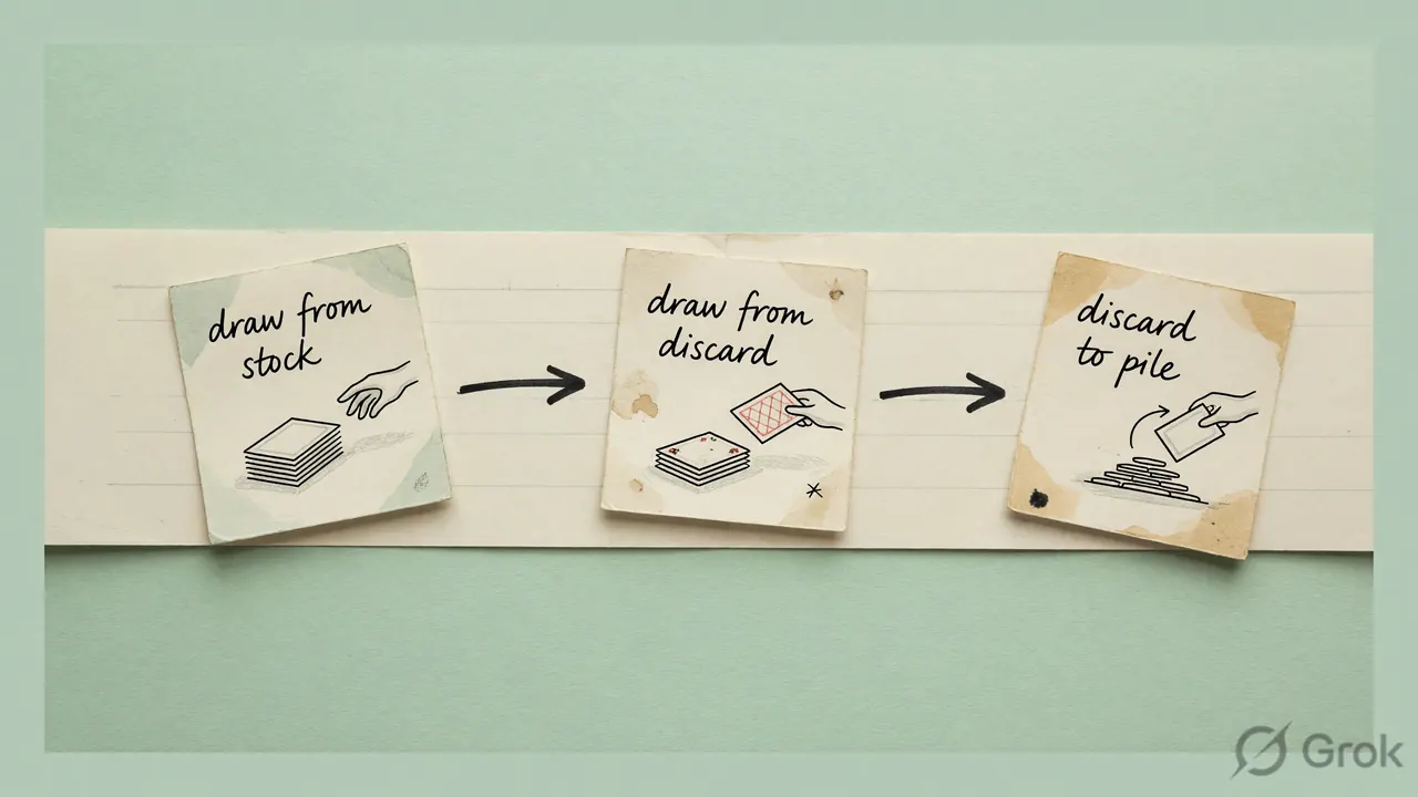 A draw-and-discard turn-flow diagram on a print-journal editorial rail