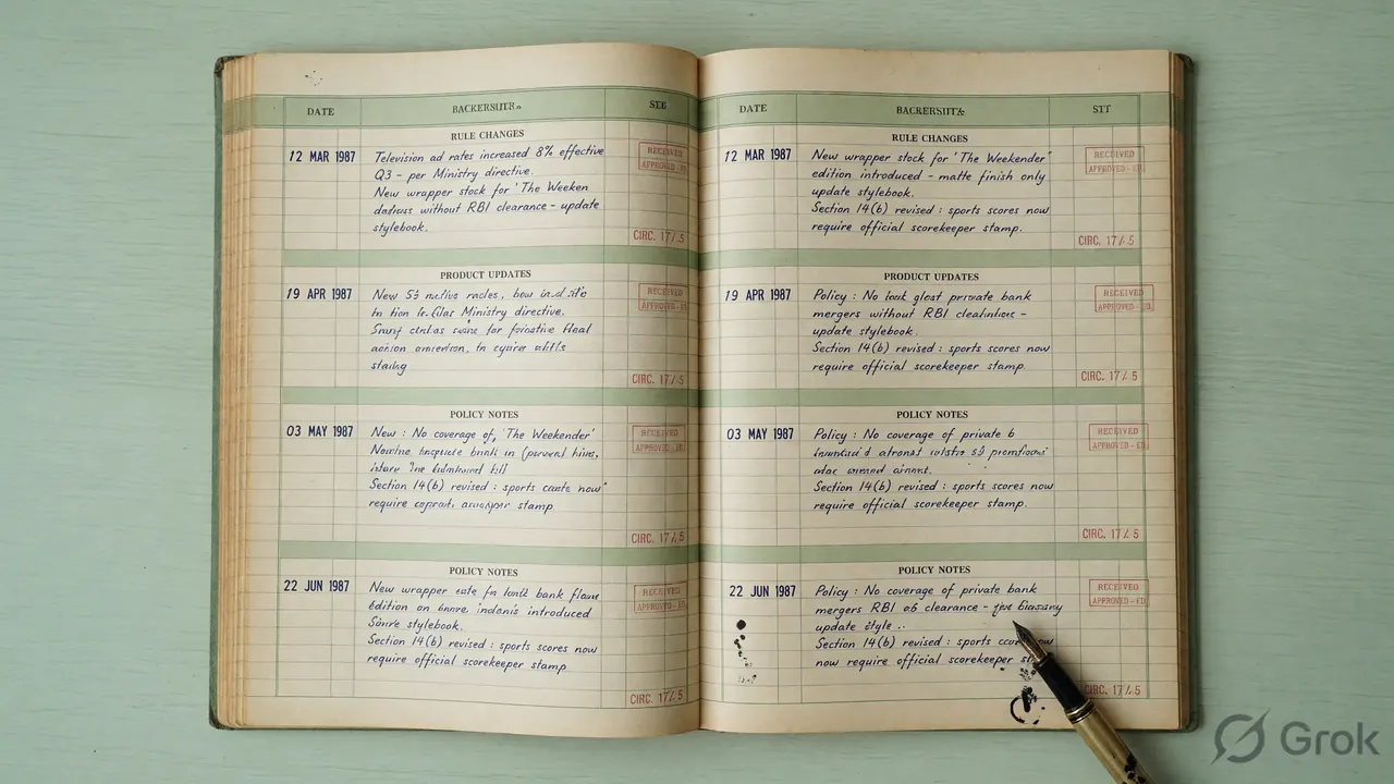 A dated news register with rule, product and policy entries stamped on a print-journal page