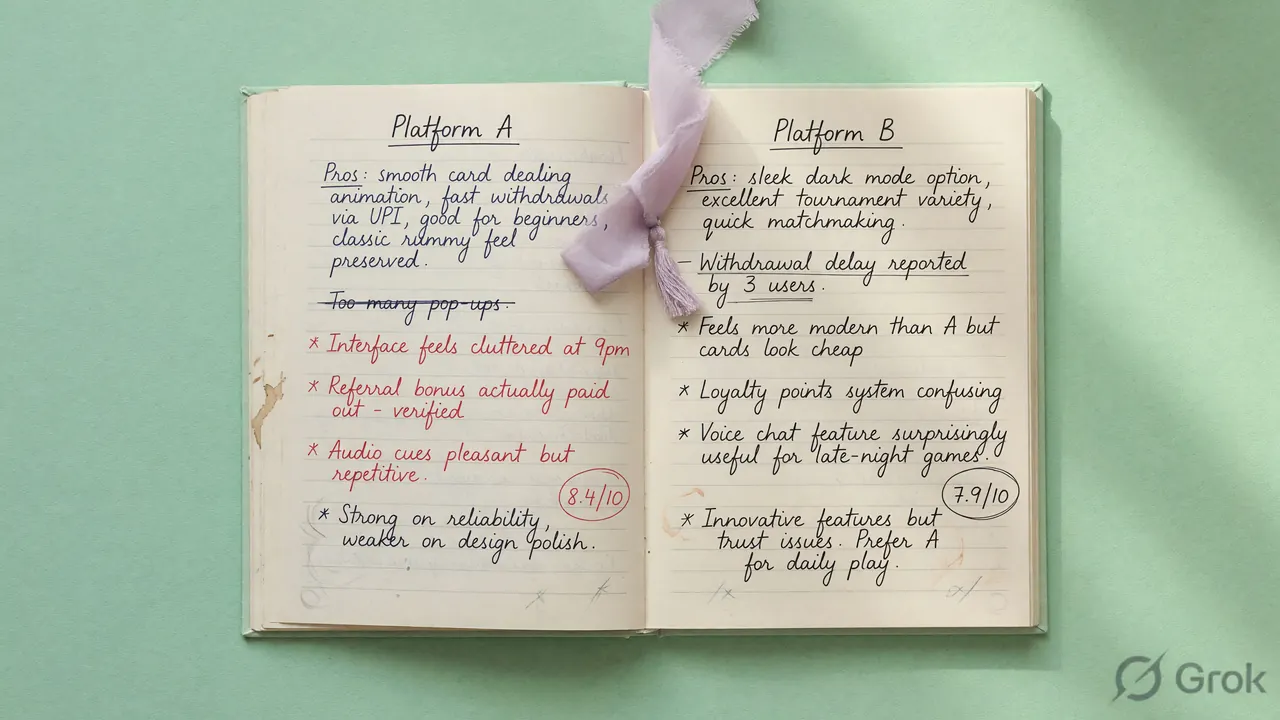 A side-by-side editorial comparison of two rummy platform reviews on a print-journal spread