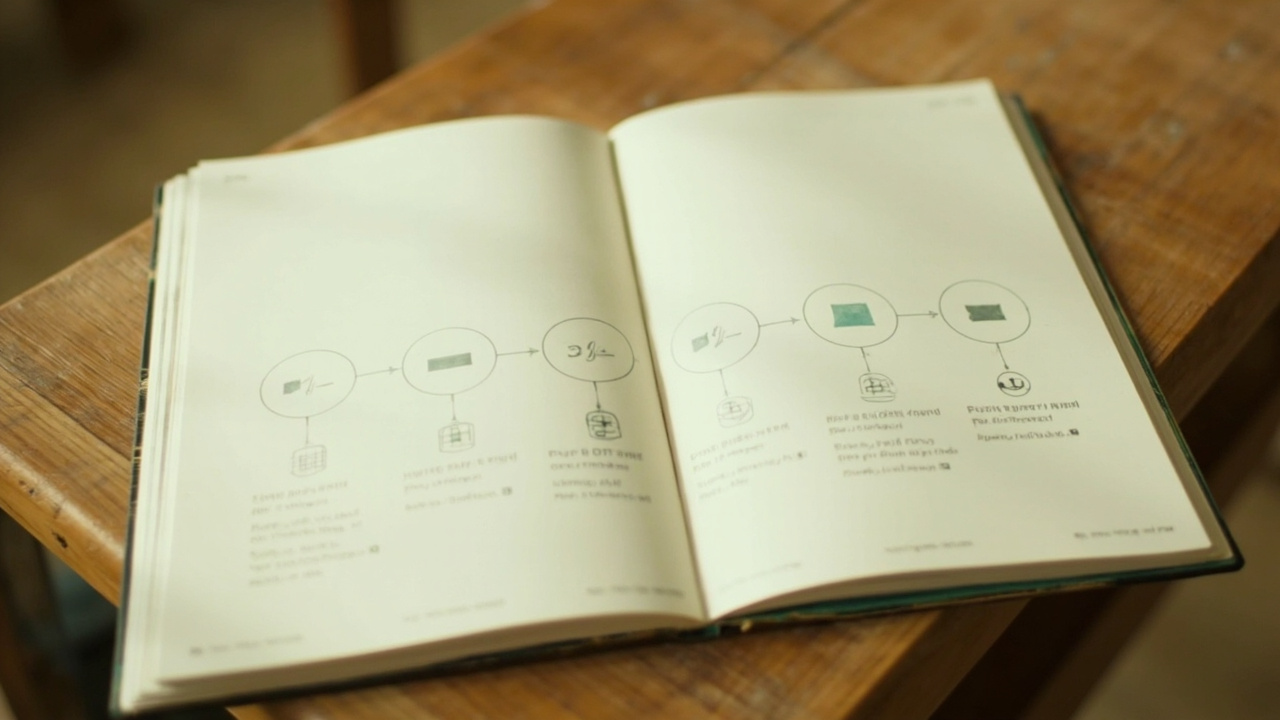 A sign-in flow diagram showing mobile number, OTP, PIN and biometric stages on a paper-journal spread