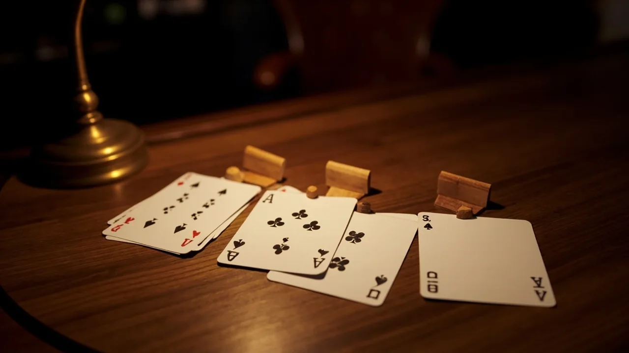 A Deals Rummy chip stack with three pre-set deals arranged on a tactile table